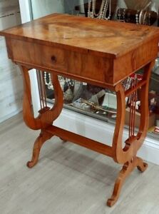 Antique Biedermeier Early 1800 S Veneered Work Sewing Desk Harp Lyre Table