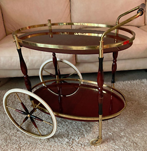 Vintage 1960er Collector S Item Tea Trolley Mahogany Brass Wheels 2 Levels