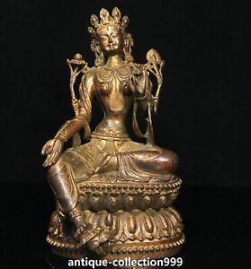 11 2 Old Tibet Bronze Gilt Buddhism Sit Lotus Green Tara Goddess Buddha Statue