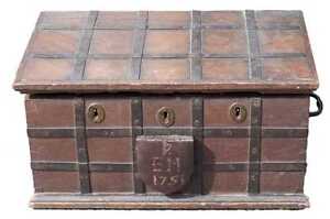 Mid 18thc English Antique Oak Iron Bound Box Strong Box Bible Box C 1751 Chest
