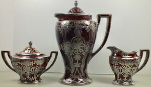 Lennox Porcelain Coffee Pot Creamer Sugar Bowl W Ornate Sterling Silver Overlay