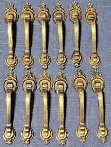 Lot Of 12 Vintage Brass Cabinet Door Pulls Ornate Rd 1977 Can 5 Long