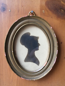Antique Silhouette Portrait Oval Frame Gold Lady Girl Victorian Edwardian 1920s