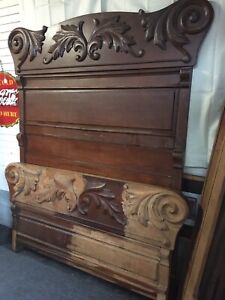 1800 S Antique Oak Bed Quartersawn Ornate Carved Tall High Rustic Victorian Set