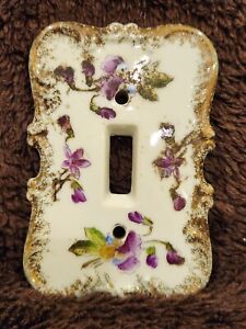 Vintage Porcelain Ceramic Purple Floral Light Switch Plate Cover Made In Japan
