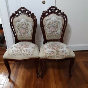 Pair Of Vintage French Provincial Floral Tapestry Chairs