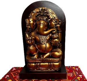 Vintage Copper Painted Ganesh God Ganesha Statue Idol Wood Plaque Wall D Cor