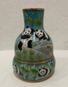 Antique Cloisonne Vase Enamel On Brass Panda Bears 6 1 4 Tall Stamped On Bottom