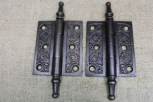 2 Old Door Hinges 3 X 2 1 2 Steeple Top Pin Victorian Oiled Cast Iron Feather