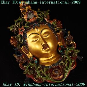 Old Tibetan Buddhism Bronze Gilt Inlay Gem Tara Kwan Yin Buddha Head Mask Statue