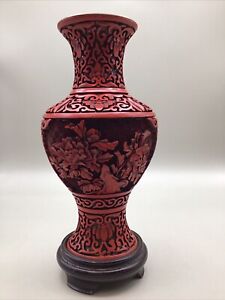 Vintage 9 Hand Carved Red Floral Cinnabar Chinese Vase Brass Wood Accents