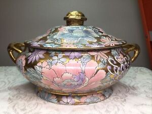 Golden Peony Antique Imperial Famille Rose Qing Dynasty Covered Dish Tureen