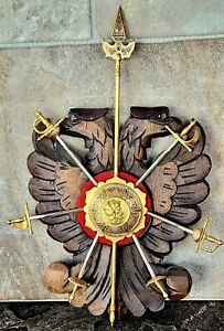 Vintage Toledo Spain Carved Wood Knight Wall Plaque Damascene Swords