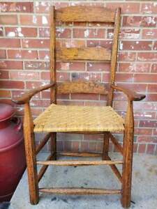 Antique Amish Shaker Armchair Ladder Back Rush Woven Seat Hickory 