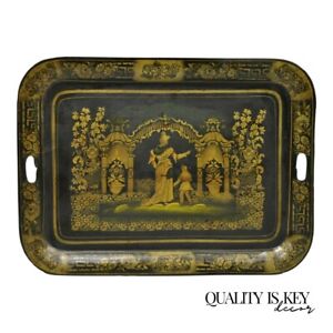 Antique French Country Tole Metal Black Gold 26 Garden Scene Platter Tray