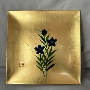 Antique Vintage Japanese Gold Floral Painted Square Wood Plate Signed