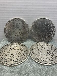Set Of 4 Antique Webster Sterling Silver Overlay Glass Coasters 3 