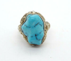 Antique Chinese Export Silver Ornate Turquoise Nugget Adjustable Ring 9 1g