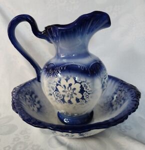 Vintage Large Cobalt Blue Ironstone Water Pitcher And Wash Basin Beautiful 
