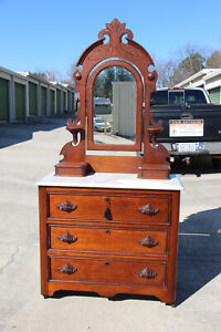 Charming Walnut Victorian Marble Top Dresser With Mirrored Top Ca 1880