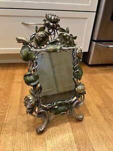 Antique Art Nouveau Table Top Mirror With Stand Silver Enameled Metal
