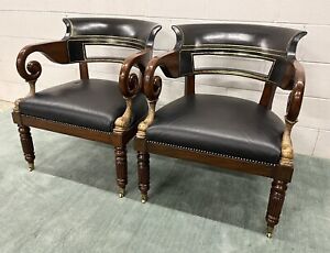 Pair Of Regency Maitland Smith Mahogany Leather Scroll Arm Chairs W Dolphins