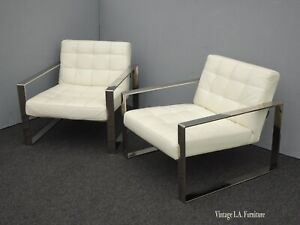 Pair Of Contempory Modern Modani Rivoli Off White Tufted Eco Leather Arm Chairs
