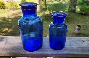 2 Antique Cobalt Blue Glass Apothecary Jars Medicine Bottle W Stoppers 7 8 5 