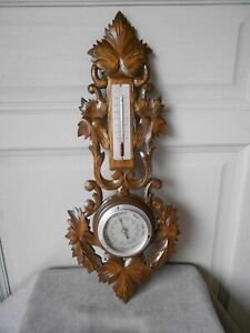 French Vintage Carved Wood Black Forest Barometer Thermometer