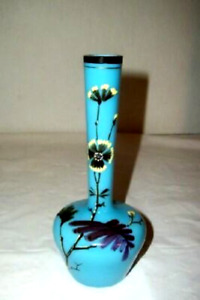 Antique 1890s French Blue Opaline Glass Bud Vase Hand Painted Flowers Petite