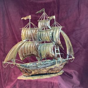 Vintage Tin Metal 3 Mast Sailing Ship Hong Kong Nautical Decor Rustic Gold Tone