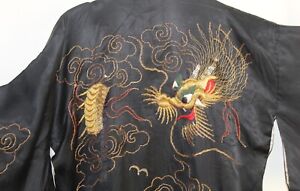 Estate Vintage Chinese Dragon Silk Art To Wear Open Kimono Robe Jacket Duster