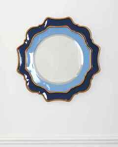 Large Round Wall Mirror Beveled Two Tone Blue Gold Leaf Accents 30 Diameter