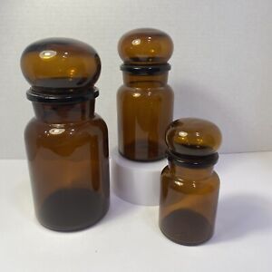 Set Of 3 Vintage Belgium Brown Art Deco Glass Apothecary Jar Containers W Lids