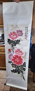 Vintage Chinese Scroll Painting On Rice Paper Pink Flower Calligraphy