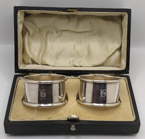 Boxed Pair Of Antique Sterling Silver Napkin Rings H Initial Engraving D 1916