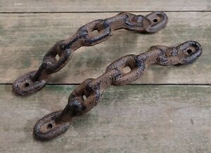 2 Large Cast Iron Antique Style Chain Barn Handle Gate Pull Shed Door Handles