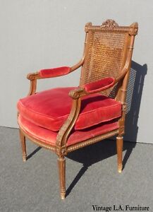 Vintage French Provincial Red Velvet Arm Chair With Cane Back Goose Down Fill
