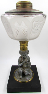Antique Figural Composite Kerosene Stand Lamp Usa Flag Shield Girl With Dog