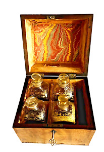 Antique French Travelers Walnut Wood Box With 4 Glass Decanters Cave A Liqueur