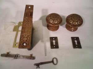 Antique Cast Brass K D Door Knob Set Rosettes Mortise Lock W Key 883