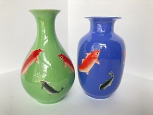 Two Vintage Chinese Koi Fish Porcelain Vase 6 Blue Green Orange Goldfish Vases