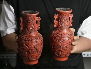 10 Old Chinese Red Lacquerware Carved Dynasty Dragon Flower Pattern Pair