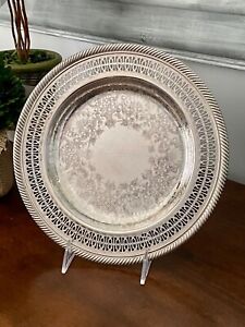 Wm Rogers 811 Silverplate Round Tray 10 Vintage Pierced Design With Rope Edge