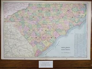 Vintage 1901 North South Carolina Map 22 X14 Old Antique Original Raleigh Nc Sc