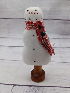 Handmade Primitive Country Snowman With Vintage Wooden Bobbin Base Scarf