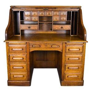 Antique Victorian Oak Raised Panel Tiger Sawn Roll Top Desk 21863