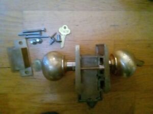 Vintage Antique Corbin Single Unit Installation Lock Set W Door Knobs Keys