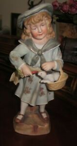 Antique German Bisque Porcelain Figurine Of Young Boy Rabbit 10 