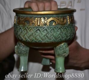 6 6 Old Chinese Green Jade Gilt Carved Dynasty Dragon Incense Burner Pot
